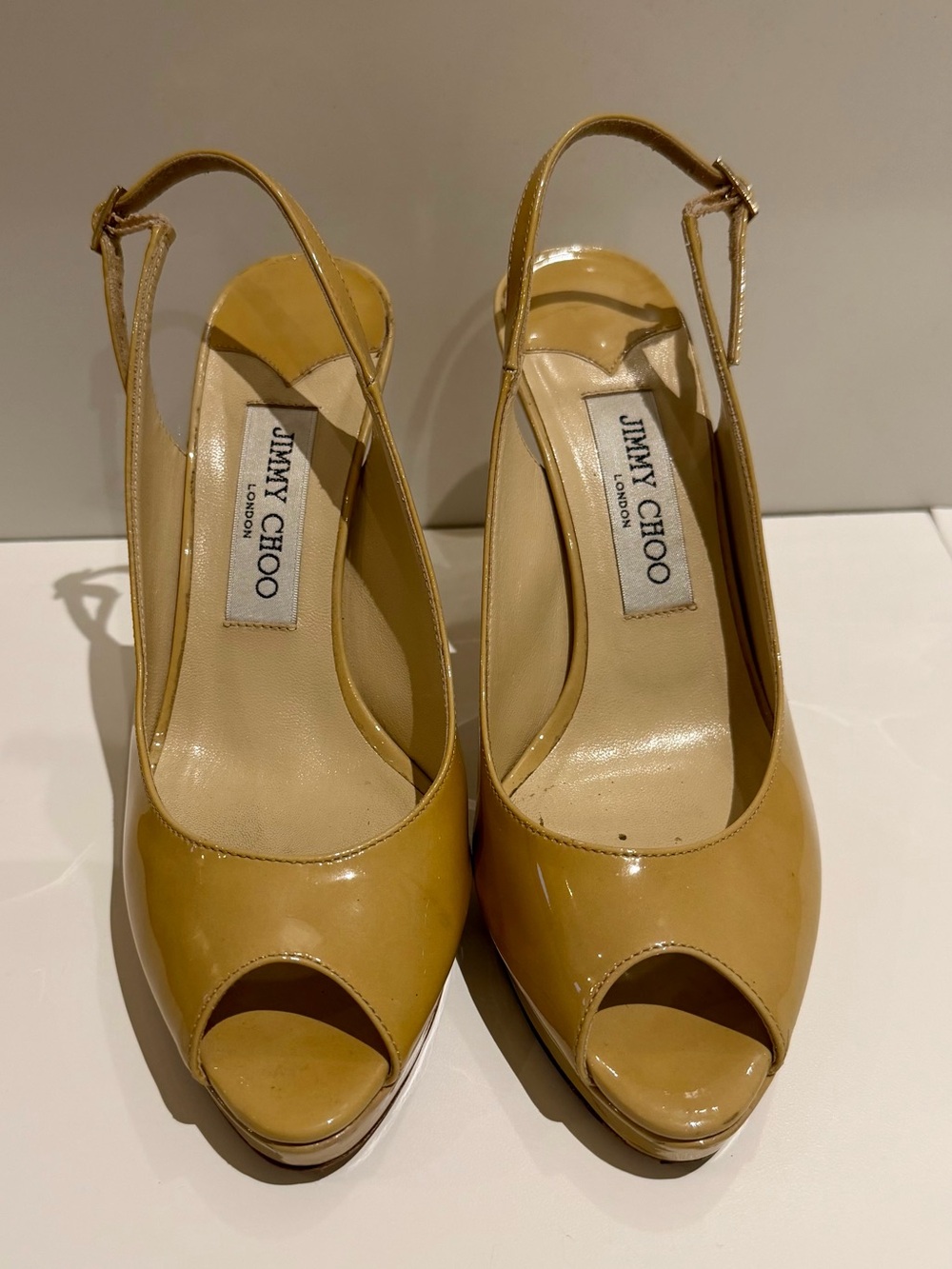 Jimmy Choo Nude Tan Patent Leather Sling Back Peep Toe dress shoes EU 37.5 US7.5